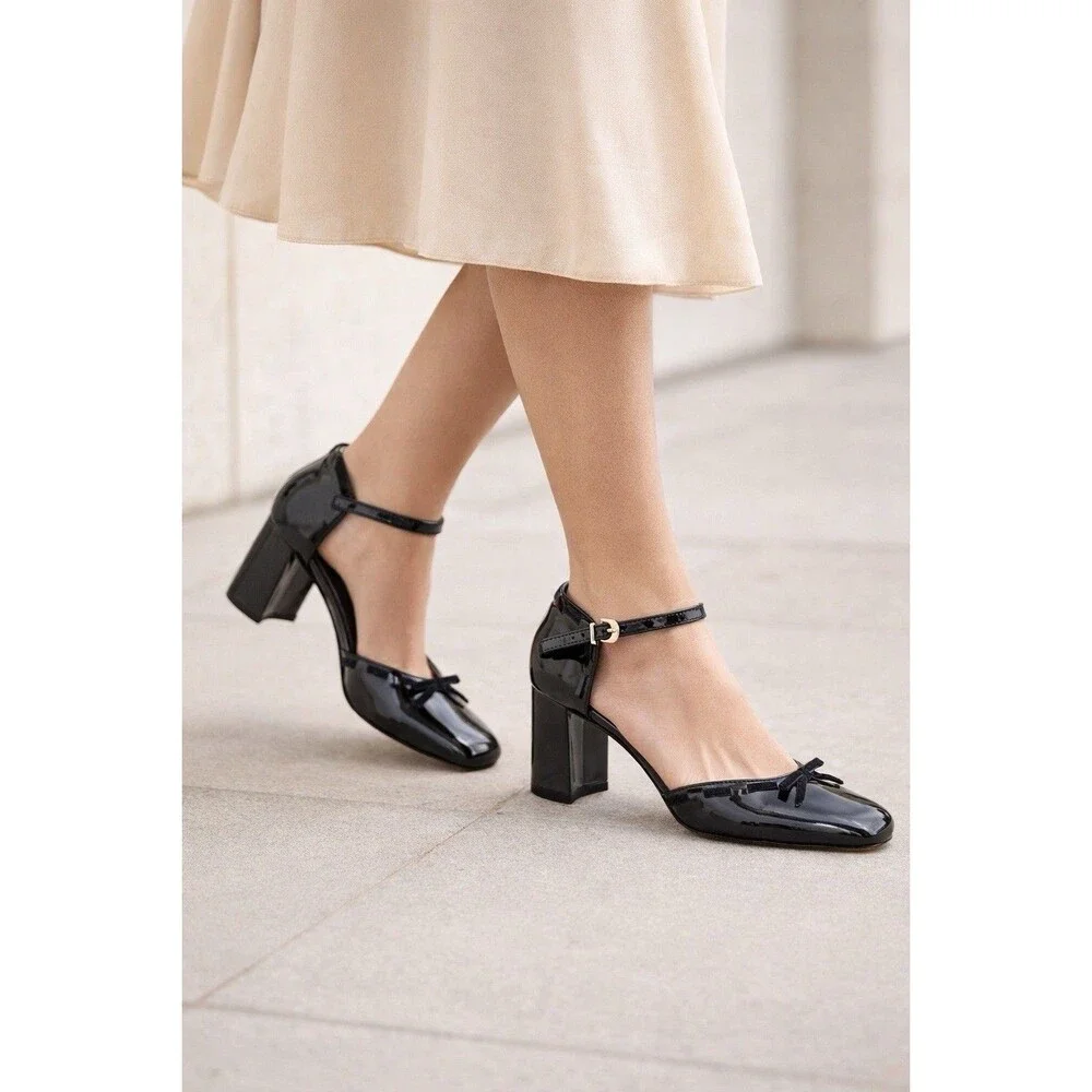 J Crew Maisie Bow Heels Black Patent Leather Mary Jane Block Heel CP058 Womens 7
